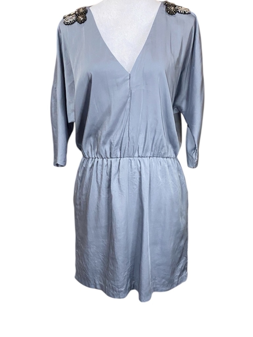 Zara Embellished Shoulder V-Neck Satin Dress